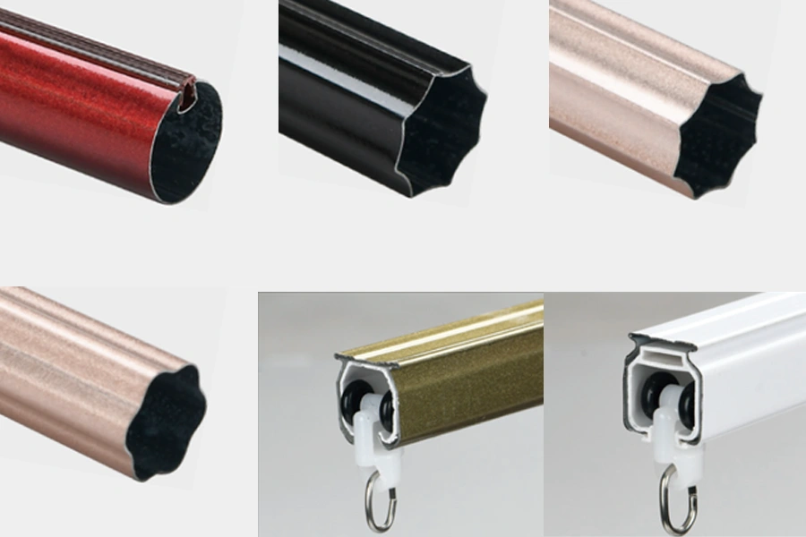Zinc alloy curtain rod profiles and selected curtain tracks in multiple finishes
